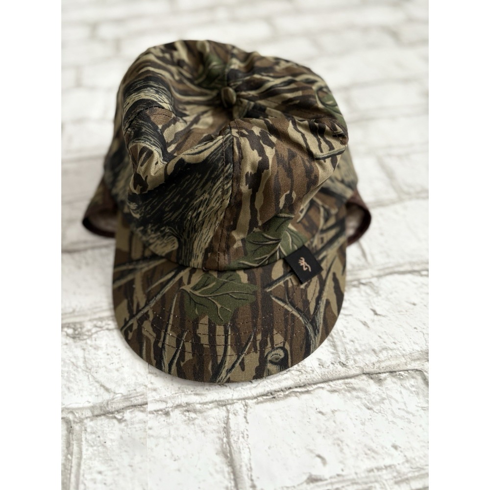 Vtg 90s Browning USA Mossy‎ Oak Original Camo Thinsulate Goretex Hat M Sherpa